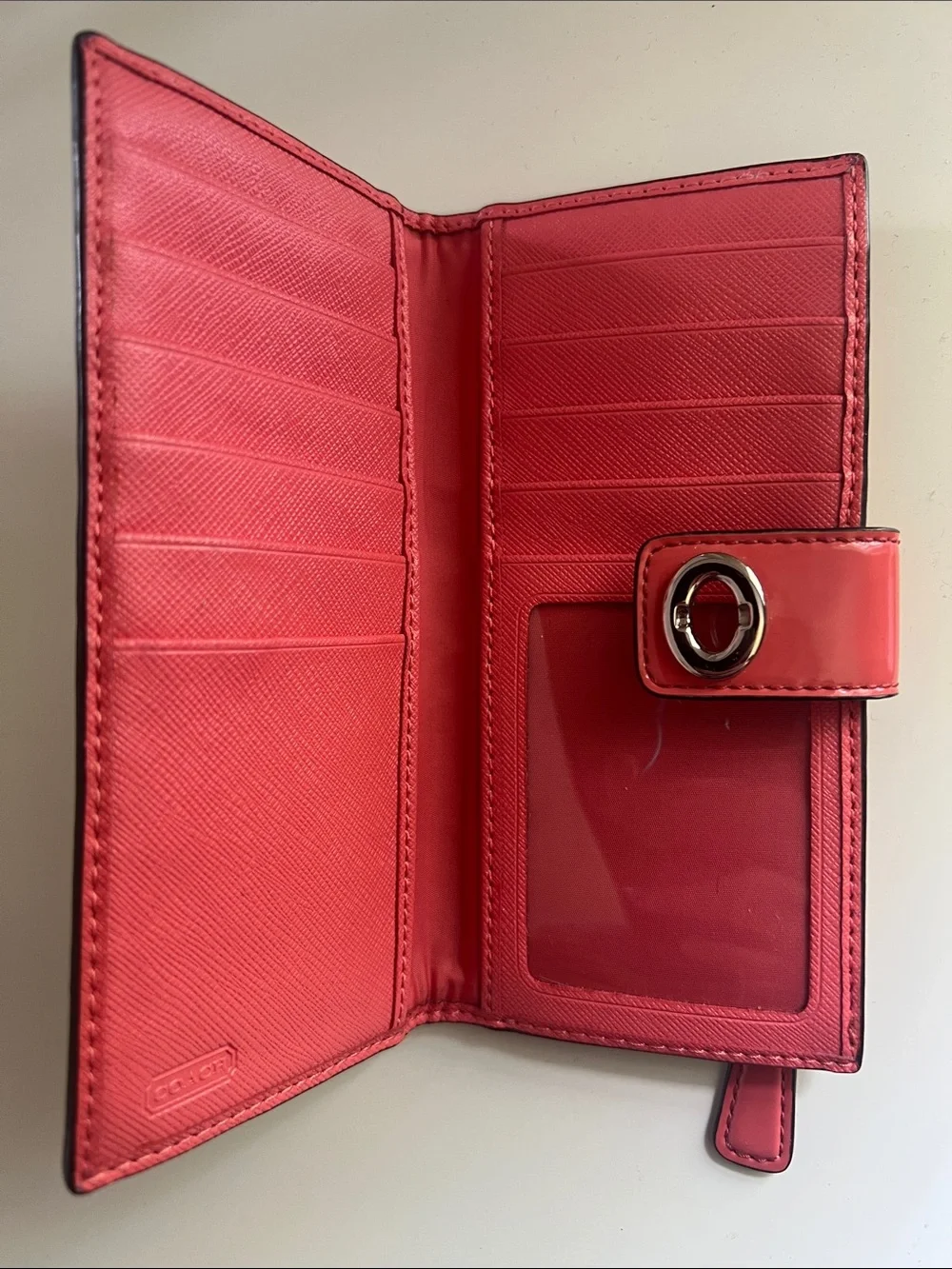 Coach Signature Canvas Phone Wallet with Coral Patent Leather Trim